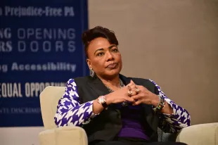 ANNVILLE, PENNSYLVANIA - SEPTEMBER 15: Rev. Dr. Bernice King speaks on stage during PHRC Social Justice Lecture Series Featuring Rev. Dr. Bernice King at Miller Chapel, Lebanon Valley College on September 15, 2023 in Annville, Pennsylvania. (Photo by Lisa Lake/Getty Images for Pennsylvania Human Relations Commission)