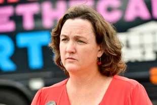 LOS ANGELES, CALIFORNIA - MAY 28: Congresswoman Katie Porter speaks at the "Just Majority" Irvine Press Conference on May 28, 2023 in Los Angeles, California. (Photo by Jerod Harris/Getty Images for Demand Justice)