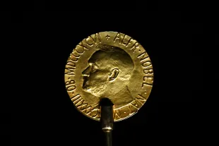 OSLO, NORWAY - DECEMBER 8: An official Nobel Peace Prize gold medal is seen at the exhibition at the Nobel Peace Center in Oslo, Norway, on December 8, 2023. (Photo by Sergei Gapon/Anadolu via Getty Images)
