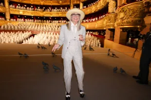 PARIS, FRANCE - JULY 03: (EDITORIAL USE ONLY - For Non-Editorial use please seek approval from Fashion House) Diane Keaton caption here>> attends the Thom Browne Haute Couture Fall/Winter 2023/2024 show as part of Paris Fashion Week  on July 03, 2023 in Paris, France. (Photo by Pierre Suu/Getty Images)