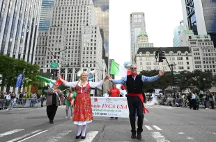 People participate in the annual 79th Annual Columbus Day Parade on Fifth Avenue on October 9, 2023 in New York City. Gov. Kathy Hochul and Mayor Eric Adams marched in the parade, which is recognized as the world's largest celebration of Italian American heritage. (Photo by Slaven Vlasic/Getty Images)
