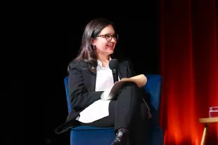 NEW YORK, NEW YORK - NOVEMBER 19: Bari Weiss speaks onstage during Book Club Event With Peggy Noonan on November 19, 2024 in New York City. (Photo by Noam Galai/Getty Images for The Free Press)