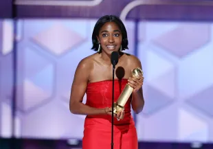 Ayo Edebiri accepts award for Best Performance by a Female Actor in a Television Series  Musical or Comedy for "The Bear" at the 81st Golden Globe Awards held at the Beverly Hilton Hotel on January 7, 2024 in Beverly Hills, California. (Photo by Rich Polk/Golden Globes 2024/Golden Globes 2024 via Getty Images)