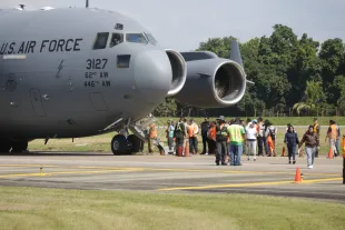 CORTES, HONDURAS - JANUARY 31: Deported migrants arrive from US in a military plane at Ramon Villeda Morales airport in Cortes, Honduras on January 31, 2025. More than 70 Hondurans deported from the United States. Approximately 357 deported Hondurans are expected to arrive on January 31. This marks the first flight of migrants returned to Honduras under the Donald Trump administration. (Photo by Emilio Flores/Anadolu via Getty Images)