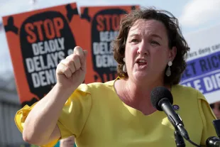 Katie Porter (D-CA) speaks during a news conference on Medicare Advantage plans in front of the U.S. Capitol on July 25, 2023 in Washington, DC. (Photo by Alex Wong/Getty Images)
