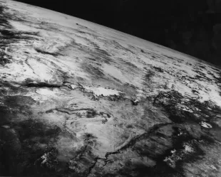 One of the first photographs of earth taken from space by Johns Hopkins' Applied Physics Laboratory, 1946. (Photo by JHU Sheridan Libraries/Gado/Getty Images)
