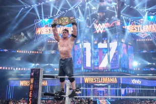 LAS VEGAS, NEVADA - APRIL 20: John Cena celebrates his win during WrestleMania 41 Sunday at Allegiant Stadium on April 20, 2025 in Las Vegas, Nevada. (Photo by Rich Freeda/WWE via Getty Images)