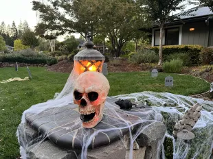 Halloween yard decorations with skull, lantern, and cobwebs on display in a residential area, Reliez Valley, California, October 31, 2024. (Photo by Smith Collection/Gado/Getty Images)