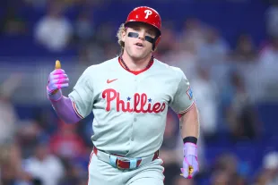 Harrison Bader #2 of the Philadelphia Phillies reacts after hitting a home run against the Miami Marlins during the fourth inning of the game at loanDepot park on September 05, 2025 in Miami, Florida. Clips of 'Phillies Karen' from this game went viral. (Photo by Megan Briggs/Getty Images)