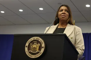NEW YORK, NEW YORK - JANUARY 08: NY Attorney General Letitia James speaks during a press conference at the offices of the Attorney General on January 08, 2025 in New York City. James spoke about new measures to stop transportation companies from the use of fake billing schemes to steal from Medicaid and vulnerable patients.The attorney general issued cease and desist notices to 54 transportation companies throughout NY.  (Photo by Michael M. Santiago/Getty Images)