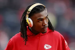 LAS VEGAS, NEVADA - FEBRUARY 11: Rashee Rice #4 of the Kansas City Chiefs warms up before Super Bowl LVIII against the Kansas City Chiefs at Allegiant Stadium on February 11, 2024 in Las Vegas, Nevada. (Photo by Jamie Squire/Getty Images)