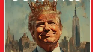 Donald Trump pictured with a crown against the New York skyline. Image via X/@WhiteHouse.