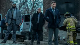 Derek Webster as Stevie, Hugh Dillon as Ian, and Jeremy Renner as Mike McLusky in Mayor of Kingstown season 4. Credit: Dennis P. Mong Jr./Paramount+