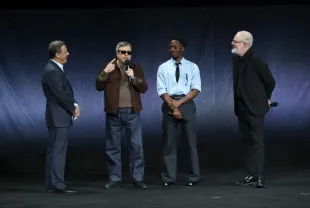 LAS VEGAS, NEVADA - APRIL 01: (L-R) Lionsgate Motion Picture Group Chair Adam Fogelson, Mark Hamill, David Jonsson and Francis Lawrence promote the upcoming film "The Long Walk" at the Lionsgate presentation during CinemaCon, the official convention of Cinema United, at The Colosseum at Caesars Palace on April 01, 2025 in Las Vegas, Nevada.  (Photo by Gabe Ginsberg/WireImage)