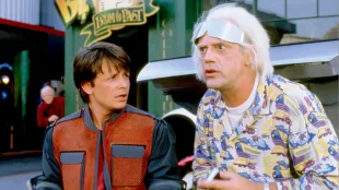 Michael J. Fox as Marty McFly and Christopher Lloyd as Doc Brown in Back to the Future Part II. Image via Prime Video