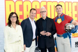 NEW YORK, NEW YORK - AUGUST 13: (L-R) Sarah Aubrey, Casey Bloys, James Gunn, and John Cena attend HBO's "Peacemaker" Season 2 Premiere at AMC Lincoln Square Theater on August 13, 2025 in New York City. (Photo by Dimitrios Kambouris/Getty Images)
