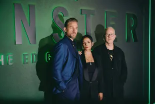NEW YORK, NEW YORK - SEPTEMBER 30: (L-R) Charlie Hunnam, Bela Bajaria, and Ryan Murphy attend the Monster: The Ed Gein Story NY Premiere at Paris Theater on September 30, 2025 in New York City. (Photo by Jenny Anderson/Getty Images for Netflix)