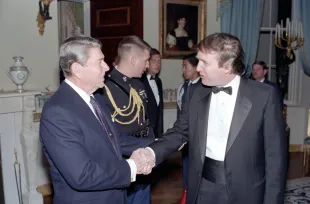 US President Ronald Reagan (1911 - 2004) shakes hands with Donald Trump in a reception line in the White House's Blue Room, Washington DC. November 3, 1987. Now, Trump claims a Canadian politician falsely used a speech by Reagan. (Photo by White House Photo Office/PhotoQuest/Getty Images)