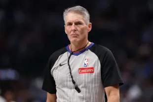 DALLAS, TEXAS - JANUARY 07: Referee Scott Foster #48 looks on during the second quarter of the game between the Dallas Mavericks and the Los Angeles Lakers at American Airlines Center on January 07, 2025 in Dallas, Texas. NOTE TO USER: User expressly acknowledges and agrees that, by downloading and/or using this photograph, user is consenting to the terms and conditions of the Getty Images License Agreement. (Photo by Sam Hodde/Getty Images)