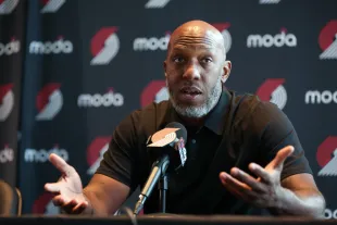 Head coach Chauncey Billups of the Portland Trail Blazers speaks during a press conference at Moda Center on July 21, 2025 in Portland, Oregon. (Photo by Amanda Loman/Getty Images)