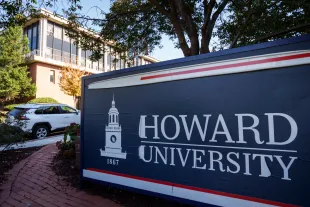 WASHINGTON, DC - OCTOBER 25:  An entrance sign near the main gate at Howard University October 25, 2021 in Washington, DC. Students have complained about mold and poor conditions in some dorm rooms and over 100 students have been staging a weeks-long protest to highlight the issues. (Photo by Drew Angerer/Getty Images)