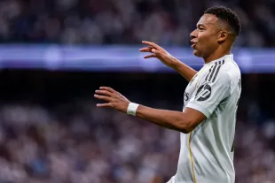 Kylian Mbappe of Real Madrid celebrates his goal during the LaLiga EA Sports football match between Real Madrid CF and FC Barcelona at Estadio Santiago Bernabeu in Madrid, Spain, on October 26, 2025. (Photo by Alberto Gardin/NurPhoto via Getty Images)