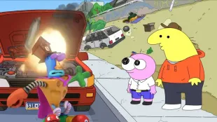 Pim and Charlie watch a chaotic roadside “fix” in Smiling Friends Season 3 Episode 3, Mole Man. Image via Adult Swim.