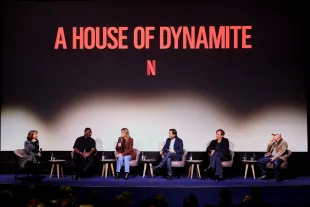 LONDON, ENGLAND - OCTOBER 04: (L to R) Susanne Bier, Idris Elba, Kathryn Bigelow, Greg Shapiro, Volker Bertelmann and Barry Ackroyd speak on stage during a Q&A at Kathryn Bigelow's "A House Of Dynamite" Special Screening at The Ham Yard Hotel on October 4, 2025 in London, England. (Photo by Max Cisotti/Dave Benett/Getty Images for Netflix)