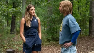 Perry Mattfeld as Ricky Hudson and Glen Powell as Russ Holliday in Chad Powers Season 1 (via Instagram @perrymattfeld)