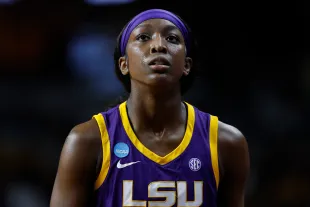 ALBANY, NEW YORK - APRIL 01: Flau'jae Johnson #4 of the LSU Tigers reacts during the second half against the Iowa Hawkeyes in the Elite 8 round of the NCAA Women's Basketball Tournament at MVP Arena on April 01, 2024 in Albany, New York. (Photo by Sarah Stier/Getty Images)