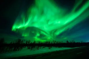 KIRUNA, SWEDEN - MARCH 7: The Aurora Borealis, commonly known as the Northern Lights, are seen in the sky above Kiruna on March 7, 2024 in Kiruna, Sweden. The area is widely regarded as one of the best places in the world to see the phenomenon, which occurs when energized particles from the sun hit the Earth's upper atmosphere. (Photo by Leon Neal/Getty Images)