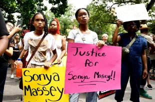 NEW YORK, NEW YORK - JULY 28:  Demonstrators with signs protest the killing of Sonya Massey by a Springfield, Illinois sheriff’s deputy, in Washington Square Park on July 28, 2024 in New York City. Massey was shot at home in the head by Sean Grayson, a Sangamon County, Illinois deputy after she called the police to report a possible prowler. Grayson has been arrested, sparking protests around the country demanding justice for Massey's death.  (Photo by John Lamparski/Getty Images)