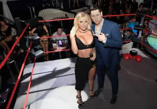 Model Jessica Weaver (L) and producer David Brian Pearce attend Larry Flynt's Hustler Club Instagram party at Larry Flynt's Hustler Club on July 15, 2018 in Las Vegas, Nevada. (Photo by Bryan Steffy/WireImage)