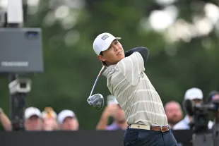 ATLANTA, GEORGIA - AUGUST 20: Luke Kwon plays a tee shot on the 18th hole during the 2025 Tour Championship Creator Classic, presented by YouTube, prior to TOUR Championship, at East Lake Golf Club, on August 20, 2025 in Atlanta, Georgia. (Photo by Ben Jared/PGA TOUR via Getty Images)