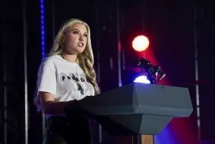 Erika Kirk, widow of Turning Point USA founder Charlie Kirk, speaks during a Turning Point USA event where U.S. Vice President JD Vance is expected, at the Pavilion at Ole Miss at the University of Mississippi, on October 29, 2025 in Oxford, Mississippi. (Photo by Jonathan Ernst-Pool/Getty Images)