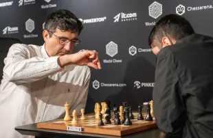 Chess Grandmasters Vladimir Kramnik and José Martínez Alcántara face off at the World Chess Clash of Blames tournament using anti-cheating technology from Chessarena.com at Sky Guild Gaming Centre on August 19, 2024 in London, England.  (Photo by Antony Jones/Getty Images for World Chess)