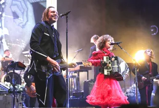 Win Butler and Régine Chassagne of Arcade Fire perform on stage during the 20th Anniversary of their debut album "Funeral" at the O2 Academy Brixton on July 04, 2024 in London, England.  (Photo by Gus Stewart/Redferns)