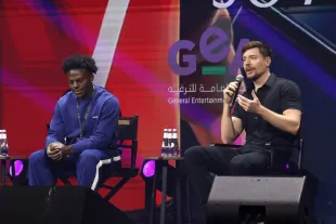 RIYADH, SAUDI ARABIA - OCTOBER 16: IShowSpeed and MrBeast speak on stage during the 'Stream to Mainstream: The New Talents of Global Stardom' panel at the 2025 Joy Forum at SEF Arena on October 16, 2025 in Riyadh, Saudi Arabia. (Photo by Wed Al Shehri/Getty Images for GEA)