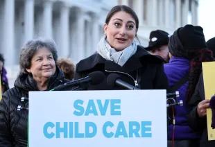 Rep. Sara Jacobs (D-CA) (C) joins coalition partners at a rally outside the U.S. Capitol Building in support of President Biden’s $16 billion request for child care supplemental funding to support children, families, and early educators on December 06, 2023 in Washington, DC. (Photo by Paul Morigi/Getty Images for Care Can't Wait Action)