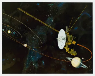 An artist's impression of the Voyager 1 space probe flying past Saturn in the outer solar system, circa 1980.  (Photo by Space Frontiers/Getty Images)
