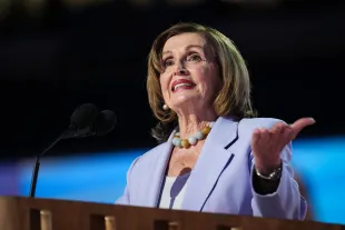 CHICAGO, ILLINOIS - AUGUST 21:  Former House Speaker Rep. Nancy Pelosi (D-CA) speaks on stage during the third day of the Democratic National Convention at the United Center on August 21, 2024 in Chicago, Illinois. Delegates, politicians, and Democratic Party supporters are in Chicago for the convention, concluding with current Vice President Kamala Harris accepting her party's presidential nomination. The DNC takes place from August 19-22.   (Photo by Andrew Harnik/Getty Images)