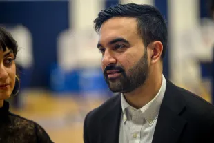 NEW YORK, NEW YORK - NOVEMBER 04: Democratic Mayoral Candidate Zohran Mamdani (R) and his wife, Rama Duwaji (L), address the media as they vote at The Frank Sinatra School of the Arts on November 04, 2025 in the Queens borough of New York City. Voters in NYC are voting for who will be replacing Mayor Eric Adams between the front runner New York Mayoral Candidate Zohran Mamdani and New York City mayoral candidate Andrew Cuomo and Republican mayoral candidate Curtis Sliwa. More than 735,000 people have voted early, according to the Board of Elections, more than four times as many as in the 2021 contest. This election also has other city offices on the ballot, as well as six proposals. (Photo by Alexi J. Rosenfeld/Getty Images)