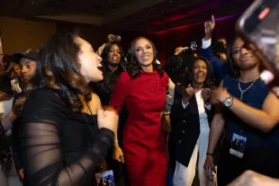 DETROIT, MICHIGAN - NOVEMBER 04:  Mary Sheffield, Detroit mayor-elect (C), celebrates with her supporters at MGM Grand Casino during her victory party on November 04, 2025 in Detroit, Michigan. (Photo by Monica Morgan/Getty Images)