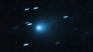 Hubble captured this image of the interstellar comet 3I/ATLAS on July 21, 2025, when the comet was 277 million miles from Earth. Hubble shows that the comet has a teardrop-shaped cocoon of dust coming off its solid, icy nucleus.