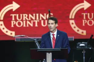 GLENDALE, ARIZONA - SEPTEMBER 21: Turning Point Action COO Tyler Bowyer speaks during the memorial service for political activist Charlie Kirk at State Farm Stadium on September 21, 2025 in Glendale, Arizona. Kirk, the CEO and co-founder of Turning Point USA, was shot and killed on September 10th while speaking at an event during his "American Comeback Tour" at Utah Valley University. (Photo by Joe Raedle/Getty Images)