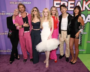NEW YORK, NEW YORK - JULY 28: (L-R) Jamie Lee Curtis, Chad Michael Murray, Julia Butters, Lindsay Lohan, Elaine Hendrix, Manny Jacinto and Sophia Hammons attend the Freakier Friday NYC Special Screening on July 28, 2025 in New York City. (Photo by Jamie McCarthy/Getty Images for Disney)
