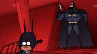 Batman and Damian in Joker’s red-lit TV studio during the Bat-Fam Season 1 finale, April Fools! Part 2.(Image via Prime Video)