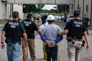 US Immigration and Customs Enforcement's (ICE) Homeland Security Investigations (HSI) special agents arrested alleged immigration violators at Fresh Mark, Salem, June 19, 2018. Image courtesy ICE ICE / U.S. Immigration and Customs Enforcement. (Photo by Smith Collection/Gado/Getty Images)