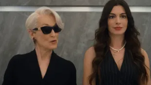 Meryl Streep as Miranda Priestly and Anne Hathaway as Andy Sachs share an elevator moment in The Devil Wears Prada 2 trailer, image via YouTube/@20th Century Studios