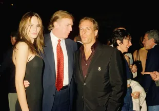 View of former model Melania Knauss (later Trump) and her boyfriend (and future husband) real estate developer Donald Trump (center) as they pose with musician Michael Bolton at the Mar-a-Lago club, Palm Beach, Florida, February 12, 2000. Among those visible in the background are British socialite Ghislaine Maxwell (second right) and American financier Jeffrey Epstein (1953 - 2019) (right). (Photo by Davidoff Studios/Getty Images)